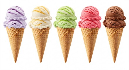 Five ice cream cones with vibrant scoops.