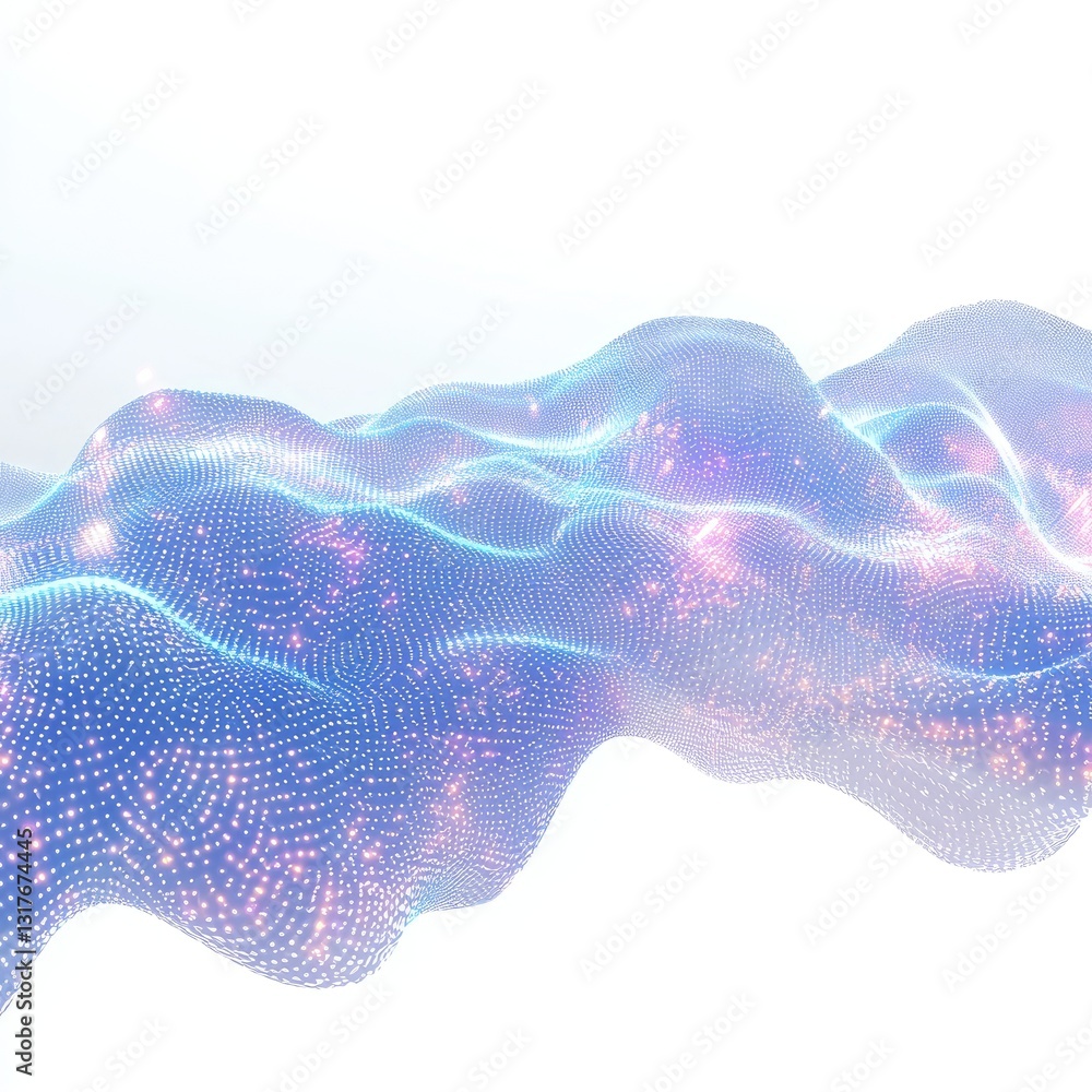 Poster abstract digital smoke effect with glowing particles, floating above a white background to convey di
