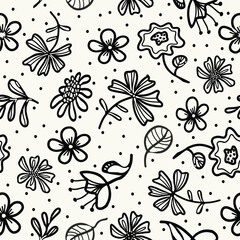 Seamless black lines flowers and dots on neutral white background. Floral pattern with hand drawn doodle wildflowers. Ideal for digital backgrounds, stationery, textiles, packaging, and home decor.