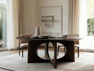 A modern dining room with a round table and chairs