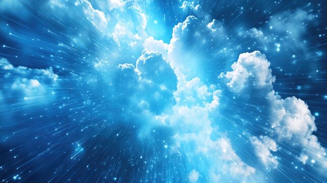 Ethereal blue sky with radiant light beams piercing through fluffy white clouds, creating a serene and uplifting atmosphere