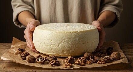 Pessoa segurando grande queijo artesanal redondo.
Person holding large round artisanal cheese.