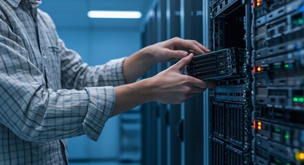Precision Server Maintenance: A skilled technician meticulously installs or removes a server component in a high-tech data center, highlighting the importance of data security.