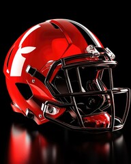 Fototapeta premium Close up view of a glossy red football helmet with black stripes and a protective facemask against a black background