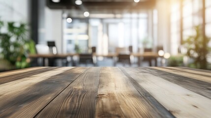 Wooden surface with a blurred modern workspace featuring natural lighting and contemporary design. Ideal for branding, marketing, and presentations