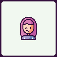 Stylized woman avatar icon with playful expression and purple bob cut