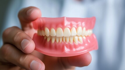 Dental Prosthesis in Hand: A close-up image of a complete set of dentures held by a person, showcasing the details of dental prosthetics, ideal for illustrating oral healthcare.