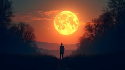 Obraz premium Explore the emotional depth of a luminous moonlit scene, where warm colors evoke nostalgia and tranquility, inviting reflection and connection to nature under a vast sky.