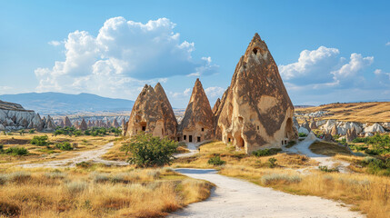 Stone towers rise on plain. Sandstone rock formations stand tall under blue sky. Ancient structures dot landscape. Path leads to formations.