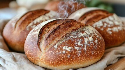 Artisan Bread Loaves with Golden Crust and Steamy Texture and Aroma of Freshly Baked Goods.  