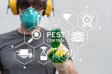 Worker using virtual touch screen push inscription: PEST CONTROL. Pest control service business...