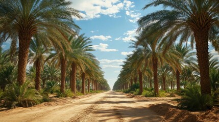 Palm trees stand along a sandy path under bright blue sky. Tropical plants grow by a road. The warm sun shines.
