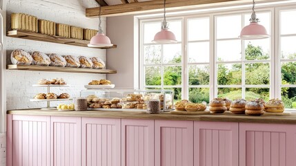 Bakery display with pink cabinets and fresh pastries under soft lighting