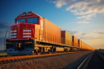Fototapeta premium Freight train with containers on railroad. Freight transportation and logistics concept. Cargo Freight Train with cargo containers. Global Cargo Export Logistics Concept with Copy Space. 