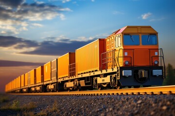 Obraz premium Freight train with containers on railroad. Freight transportation and logistics concept. Cargo Freight Train with cargo containers. Global Cargo Export Logistics Concept with Copy Space. 