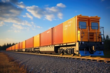 Fototapeta premium Freight train with containers on railroad. Freight transportation and logistics concept. Cargo Freight Train with cargo containers. Global Cargo Export Logistics Concept with Copy Space. 