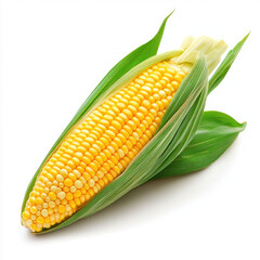 Obraz premium A single ear of corn with green leaves partially covering it on a white background