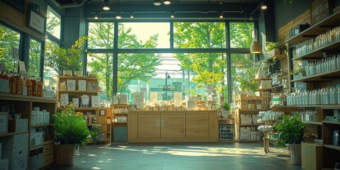 Fototapeta premium Bright, sun-drenched store with wooden shelves