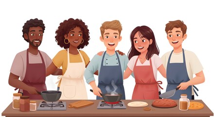 Diverse group cheerfully collaborates in a cooking session, illustration
