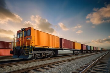 Fototapeta premium Freight train with containers on railroad. Freight transportation and logistics concept. Cargo Freight Train with cargo containers. Global Cargo Export Logistics Concept with Copy Space. 