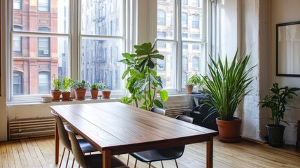 Fototapeta premium Bright dining area with wooden table, chairs, and greenery near large windows