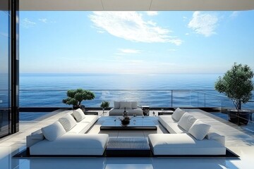 Fototapeta premium Luxurious balcony overlooking the vast, serene ocean on a sunny day
