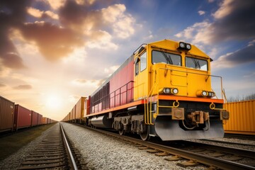 Fototapeta premium Freight train with containers on railroad. Freight transportation and logistics concept. Cargo Freight Train with cargo containers. Global Cargo Export Logistics Concept with Copy Space. 