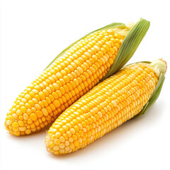 Two ears of corn on the cob with green husks against a plain white background view