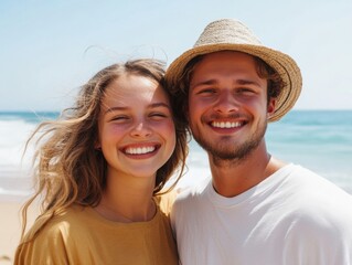 Young couple smiling together on a sunny beach with ocean waves in the background