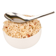 mixed red jasmine brown rice and barley bowl on white spoon
