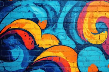 Fototapeta premium Colorful urban wall art, abstract swirls, brick background, street art