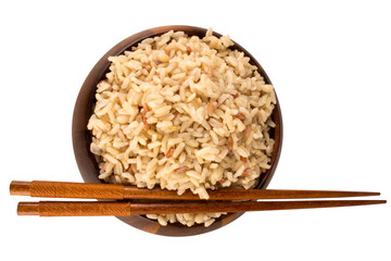 mixed red jasmine brown rice and barley bowl on white chopsticks view top