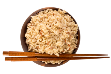 mixed red jasmine brown rice and barley bowl on white chopsticks view top