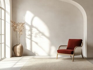 A modern and airy interior with a chair and window light