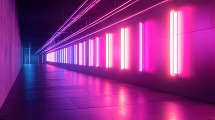 A row of neon lights illuminates a darkened space. Neon Illumination. Illustration