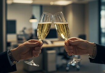 Hands Clinking Champagne Glasses in Office