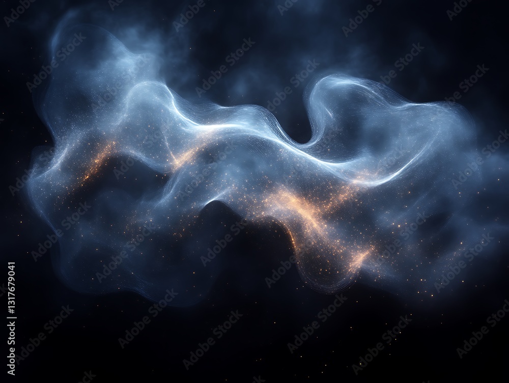 Poster abstract illustration displaying nebulous forms with scattered glowing particles