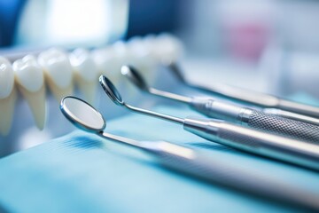 Dentist tools resting on blue napkin with teeth model in background