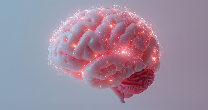 Human brain model with glowing red neural connections. Neuroscience and brain activity concept. Medical research visualization.