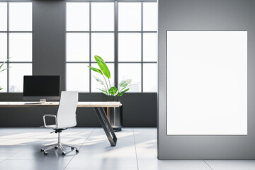 Modern office interior with desk, chair, and blank wall space for display. 3D Rendering