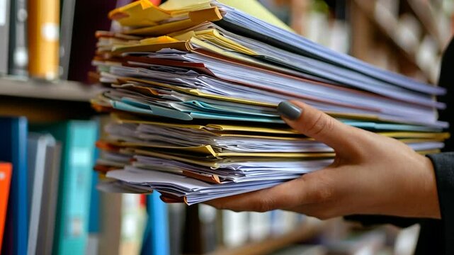 Woman carries large stack of paperwork, highlighting business organization concept