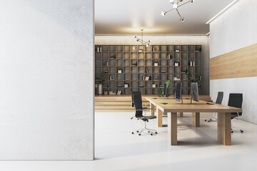 Modern office interior with bookshelves and workstations. 3D Rendering © Who is Danny