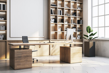 Modern executive office with wooden desk and bookshelves. 3D Rendering