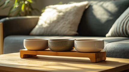 Stylish bamboo stand with ceramic pet bowls enhances cozy Scandinavian decor