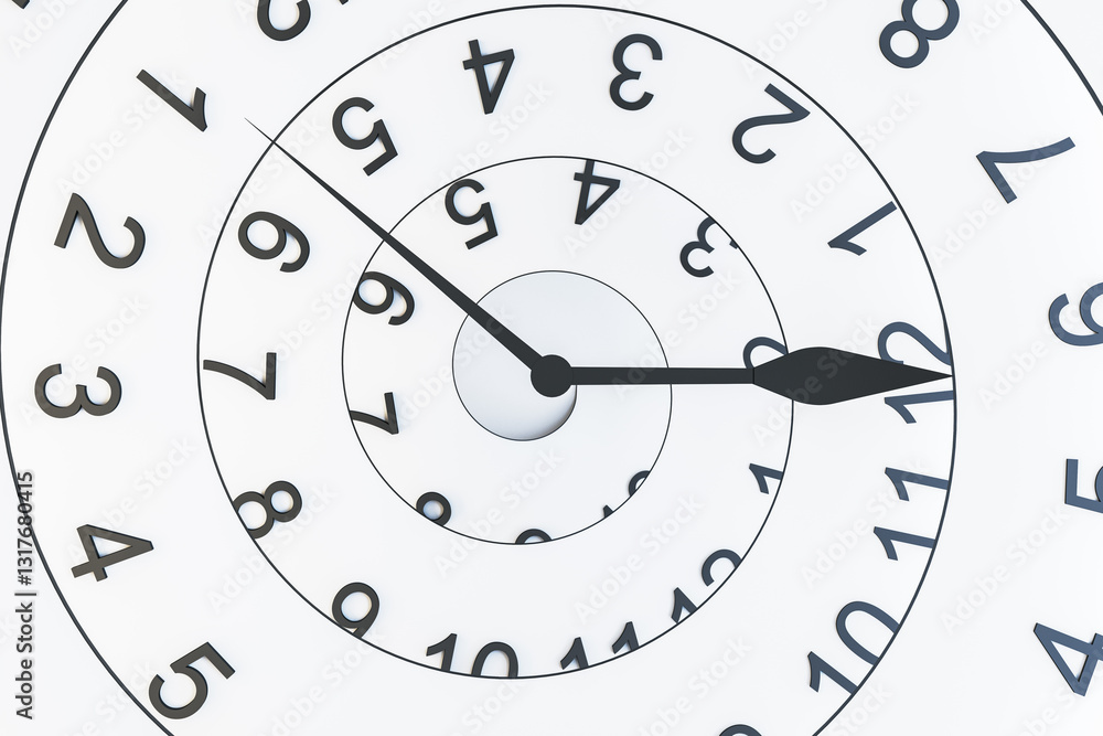 Poster Abstract spiral clock with distorted numbers representing time concept. 3D Rendering