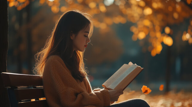 Woman reading book on park bench amidst autumn foliage