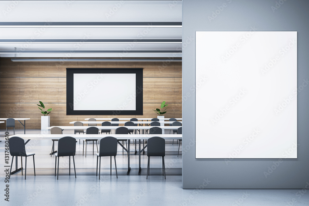 Poster auditorium with blank screen and mockup poster on wall. 3d rendering