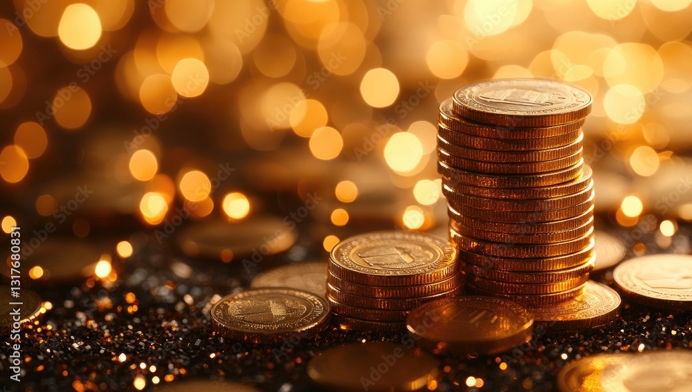 Poster golden coins stacked high against a backdrop of bokeh lights and sparkling black glitter, creating a