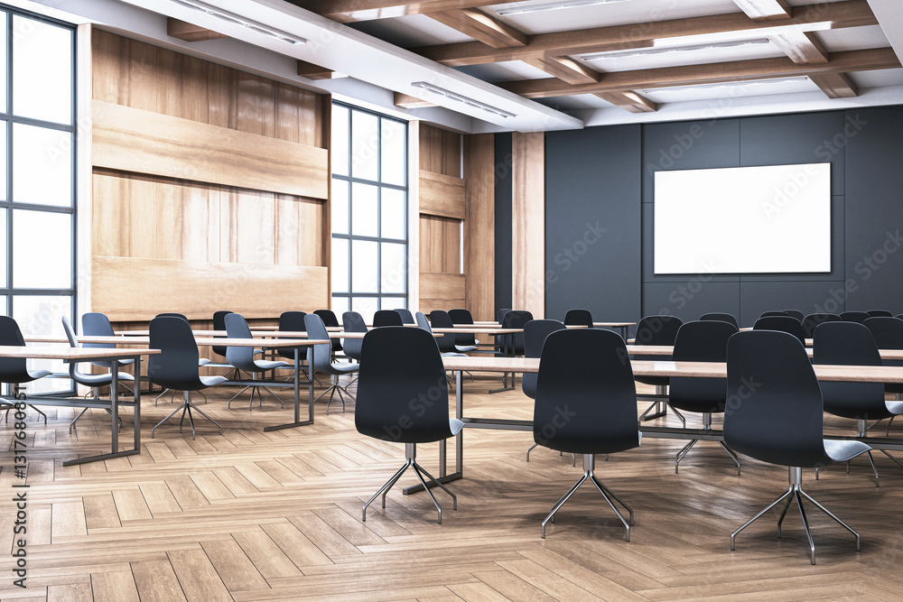 Poster modern conference room with chairs and tables. 3d rendering