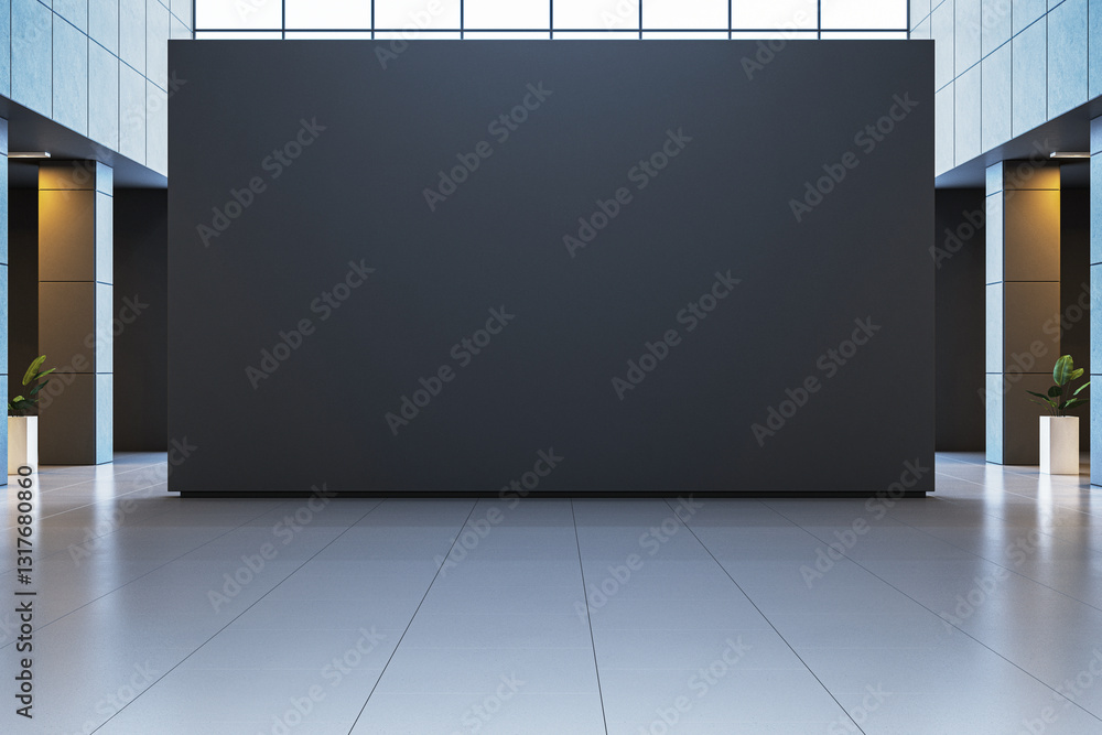 Poster modern exhibition space with a large blank black wall in a spacious gallery. 3d rendering